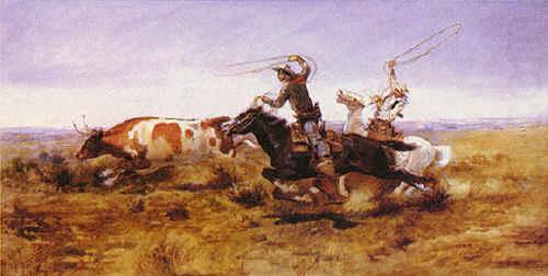 O.H.Cowboys Roping a Steer, Charles M Russell